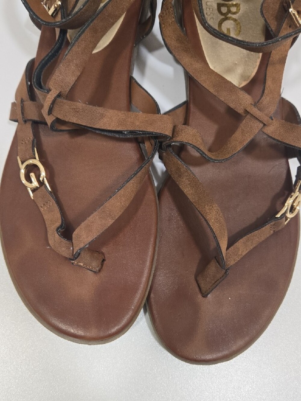G by Guess Brown Strappy Gladiator Sandals with Gold Accent - Picture 8 of 12